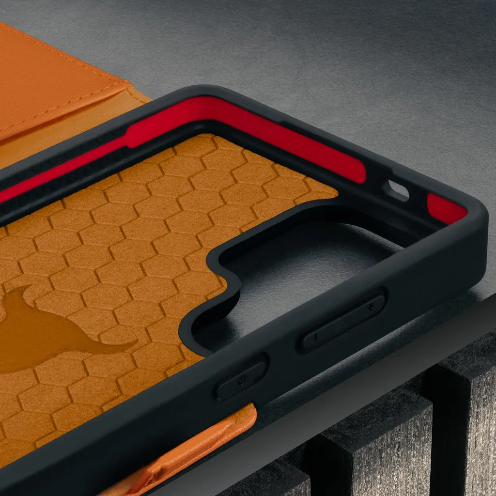 Étui support Galaxy S26 Ultra en cuir véritable orange finition artisanale