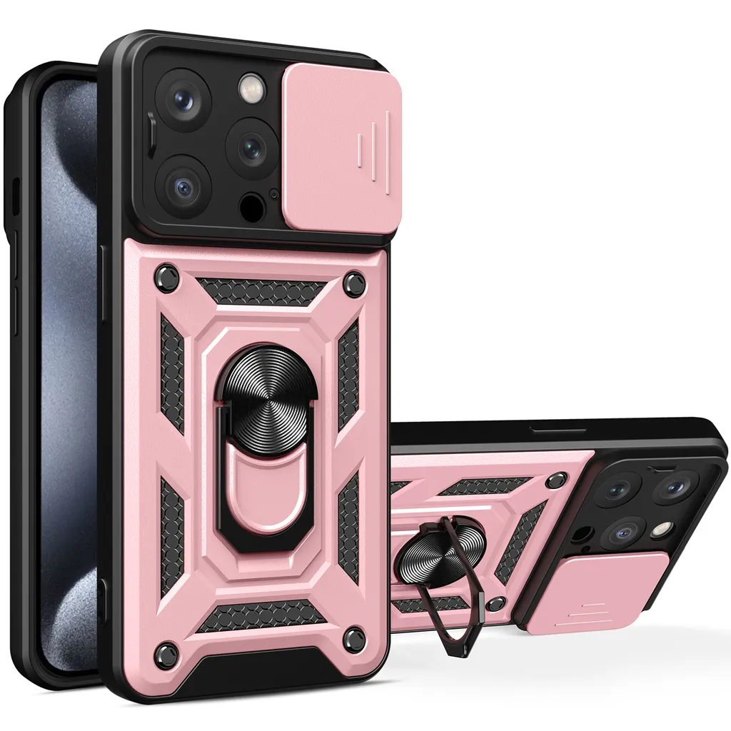 Custodia per iPhone 15 Pro, Custodia in silicone TPU Bumper con supporto ad anello, protezione fotocamera Oro Rosa