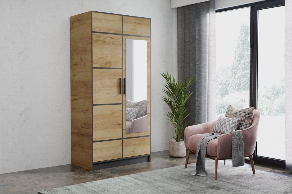 ROJ SZ2D Kleiderschrank – Design Nr. 2, 8x205x39, 2 Farben. Variante: Farbe Eiche Craft Gold, Größe 8x205x39