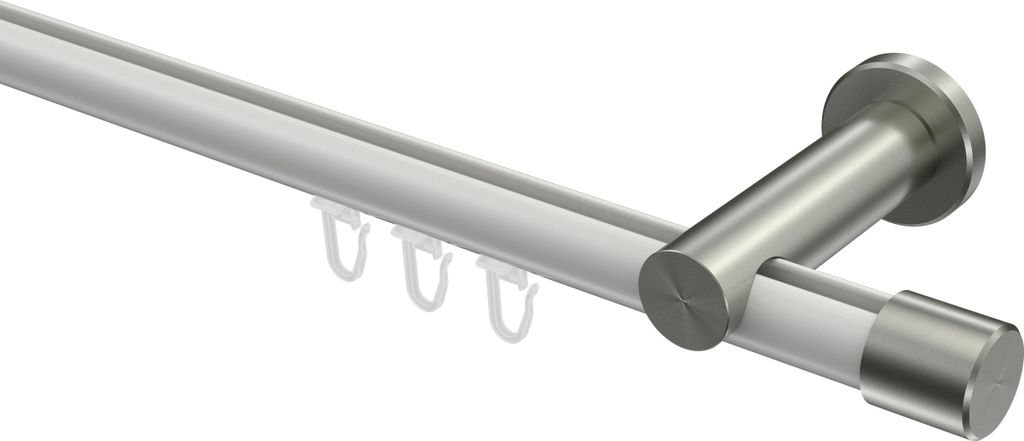 Interdeco Innenlaufstange / Gardinenstange mit Innenlauf Weiß / Edelstahl-Optik, Typ Platon Santo (Kappe), 20 mm Ø 1-läufig, 480 cm