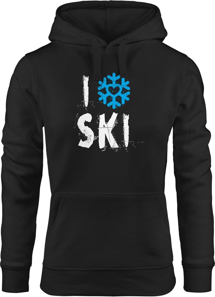 Kapuzen-Pullover Damen I Love Ski Ich liebe Ski Wintersportler Ski-Fahrer Hoodie Moonworks schwarz XS