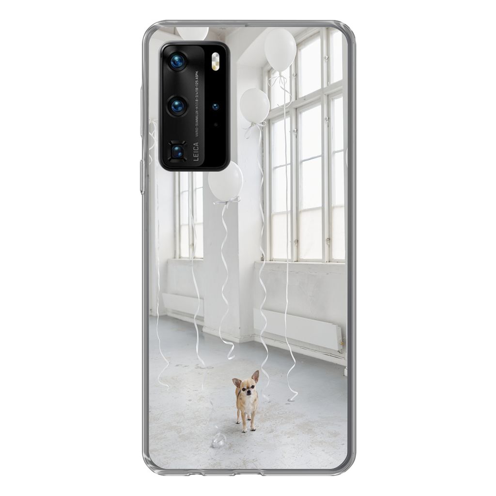 MuchoWow Handyhülle Schutzhülle Hülle für Huawei P40 Pro Hund - Weiß - Luftballon Silikon Softcase Handy Hülle - Schutz