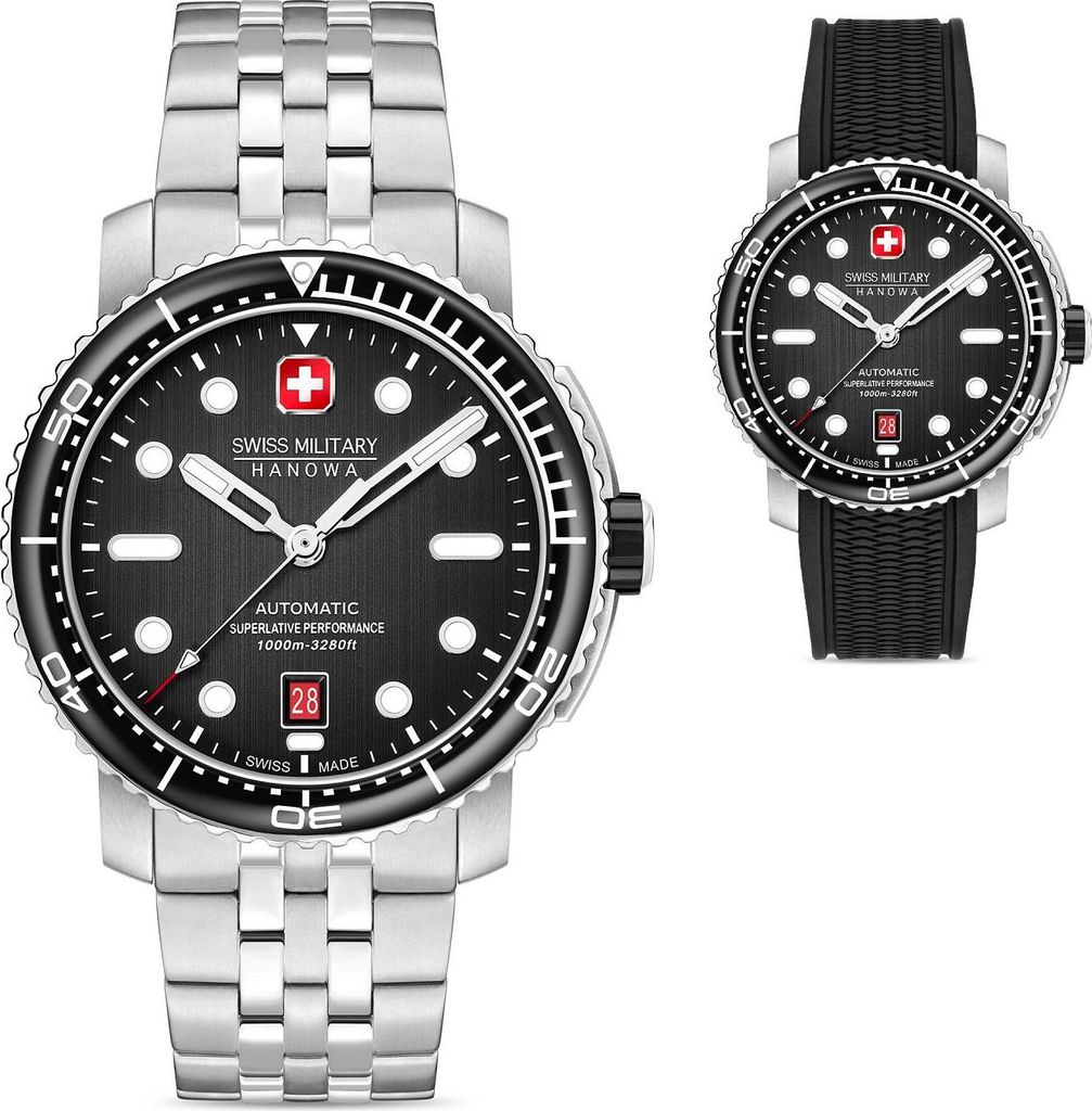 SWISS MILITARY HANOWA Herrenuhr Automatikuhr silber / schwarz onesize Herren 44,5 SMWGL0002001-SET, SMWGL0002002-SET