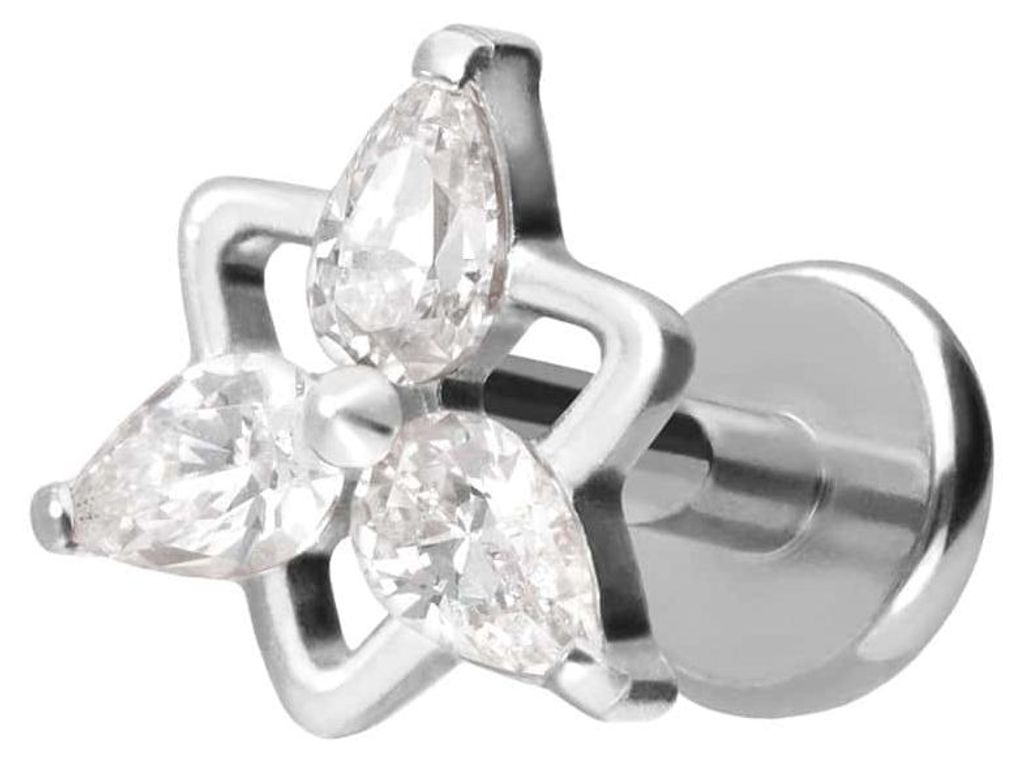 Ohrpiercing, Nasenpiercing Titan Labret mit Push Fit KRISTALLBLUME Schwarz Stablänge: 6mm | Stabstärke: 1,2mm