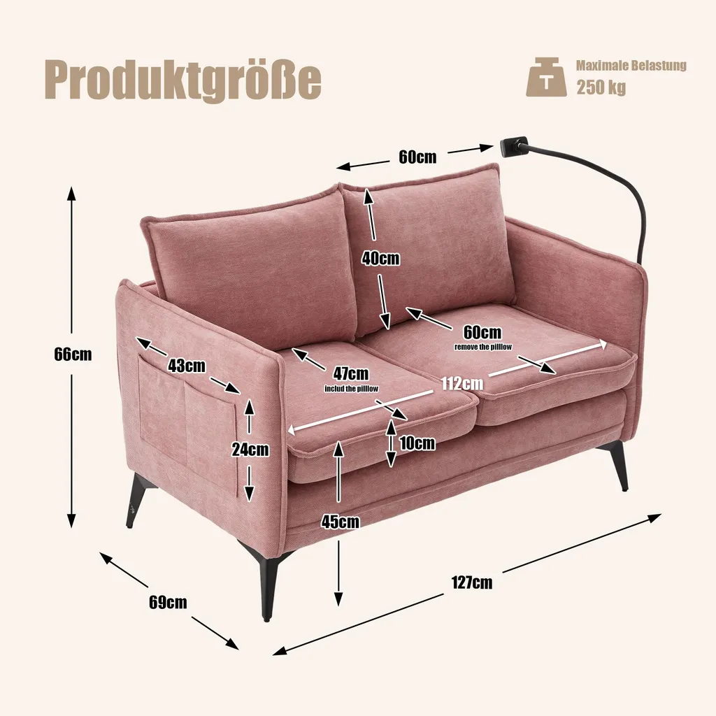 Canapé 2 places compact rose : fini les câbles courts avec USB et support