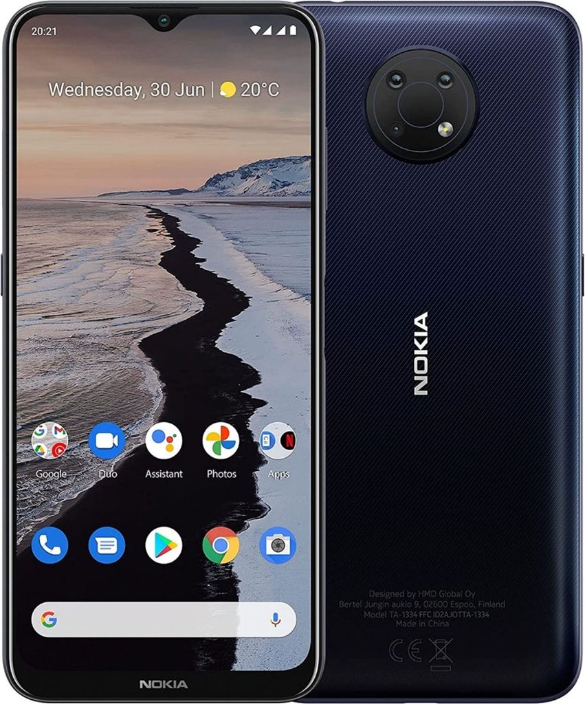 A dark blue Nokia G10 smartphone is shown from the front and back, displaying its screen and camera module.