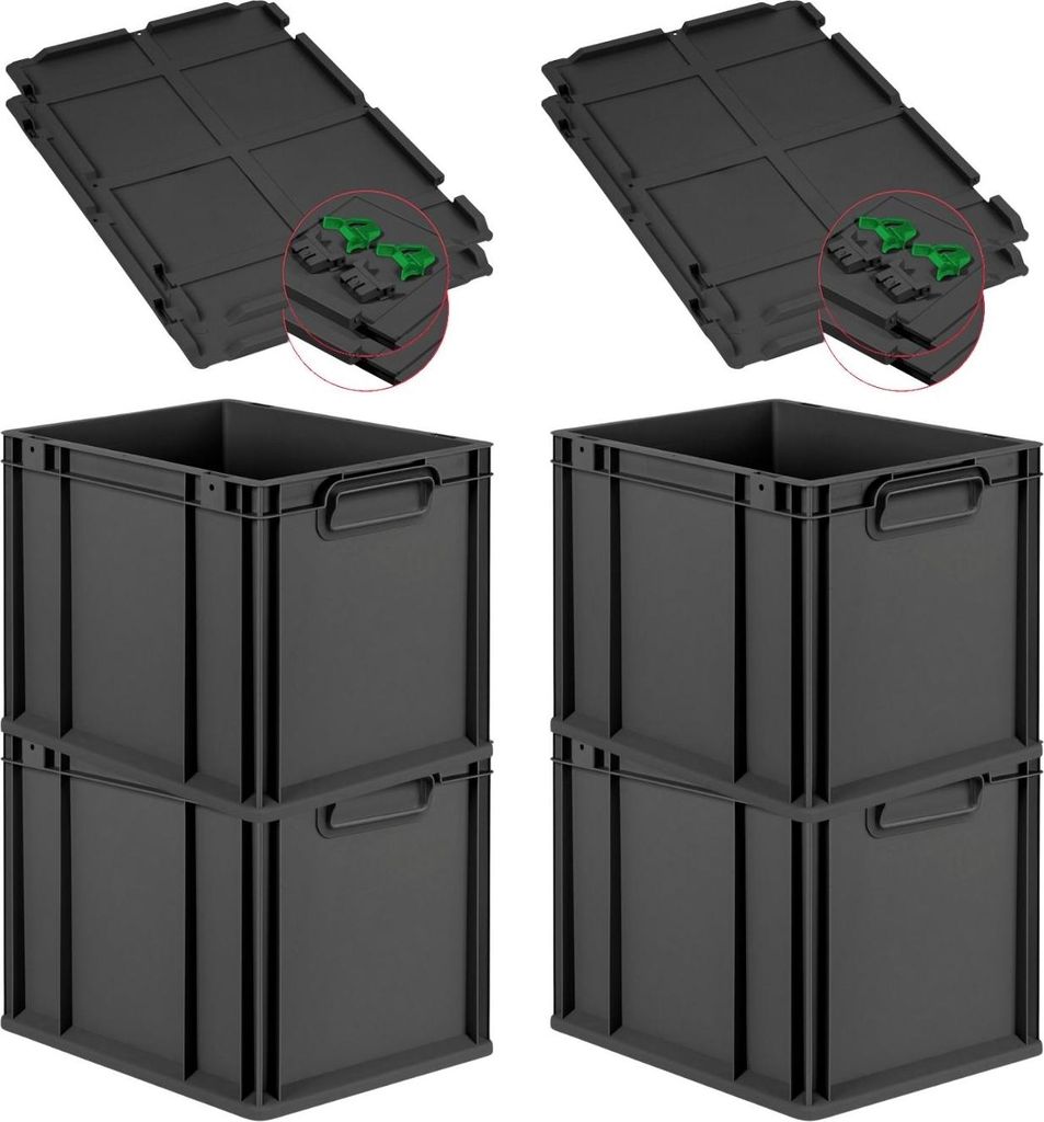 SuperSparSet 4x Eurobox NextGen Grip mit Scharnierdeckel und grünen Schiebeschnappverschlüssen | HxBxT 32x30x40cm | 30 Liter | Schwarz | Griffe g...