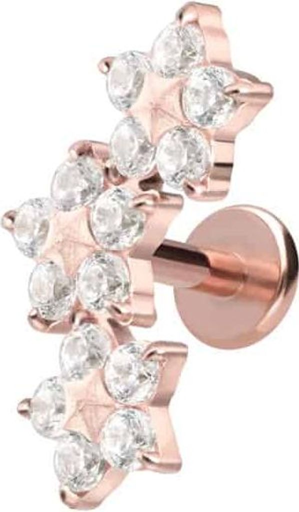 Ohrpiercing, Nasenpiercing Titan Labret mit Innengewinde 3 KRISTALLBLUMEN RoséGold Stablänge: 6mm | Stabstärke: 1,2mm