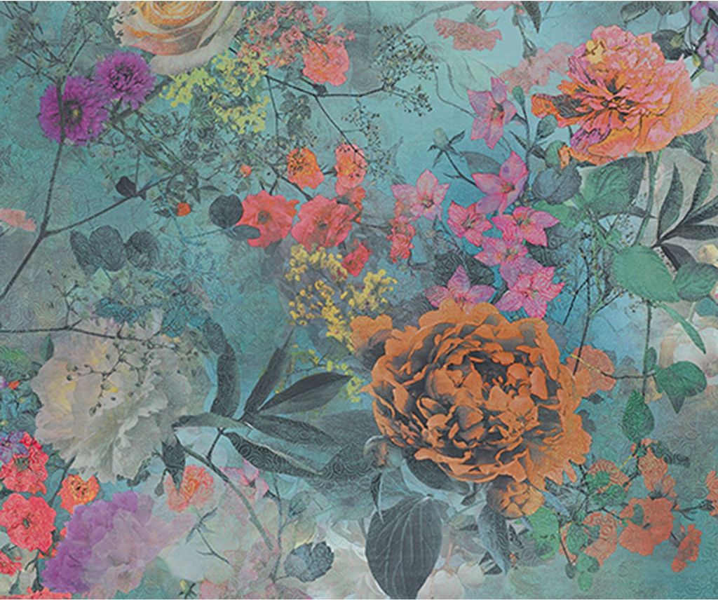 Tadessi Fototapete | Blumen | 3.00 m x 2.50 m | Blau | Orange | Wandbild | Digitaldruck