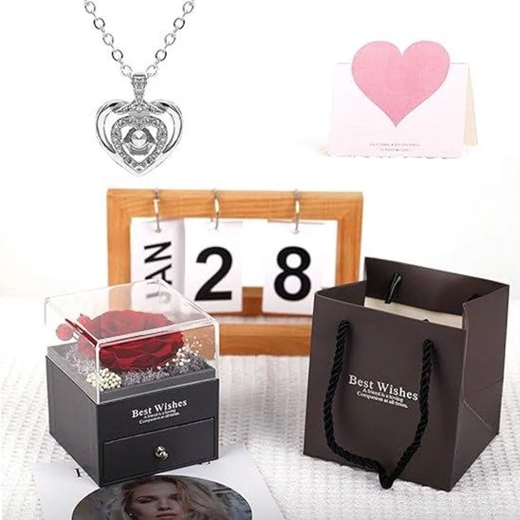 Cadeau Saint-Valentin : Rose Éternelle et Parure Collier pour Femme