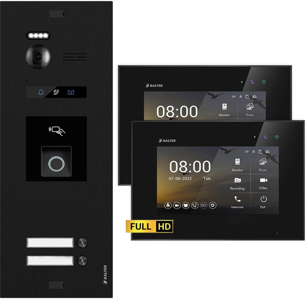 BALTER EVO HD Schwarz RFID/Fingerprint 2x7" Schwarz Video Türsprechanlage Set 2 Familienhaus