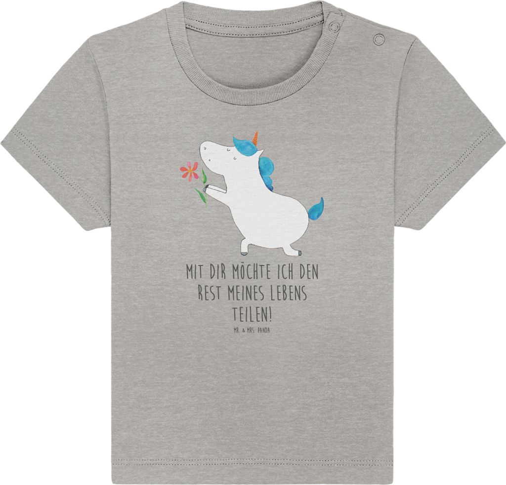 Mr. & Mrs. Panda Babyshirt Einhorn Blume 6. - 12. Monat - Heather Grey - Geschenk, Organic Baby T-Shirt, Unicorn, Einhörner, Ehe, , Shirt, Kinder,...