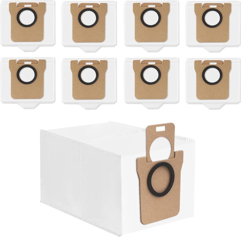 A set of vacuum cleaner dust bags, with eight individual bags arranged in two rows at the top and one larger bag at the bottom.