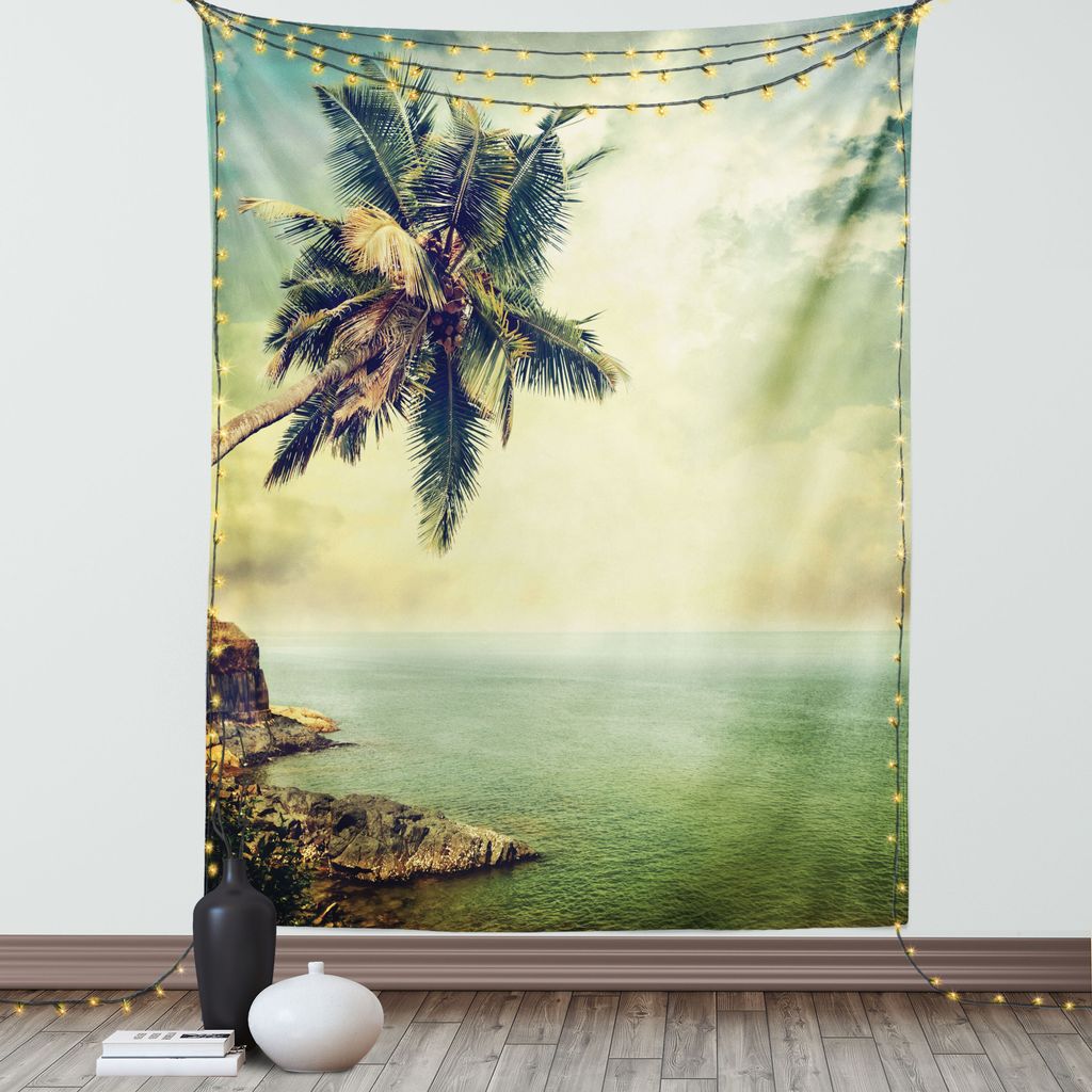ABAKUHAUS hawaiisch Wandteppich, Palme Rocky Shore Karibik Nebel Reisen Resort Scene Druck, Wohnzimmer Schlafzimmer Seidiger Satin Wandtuch, 100 x ...