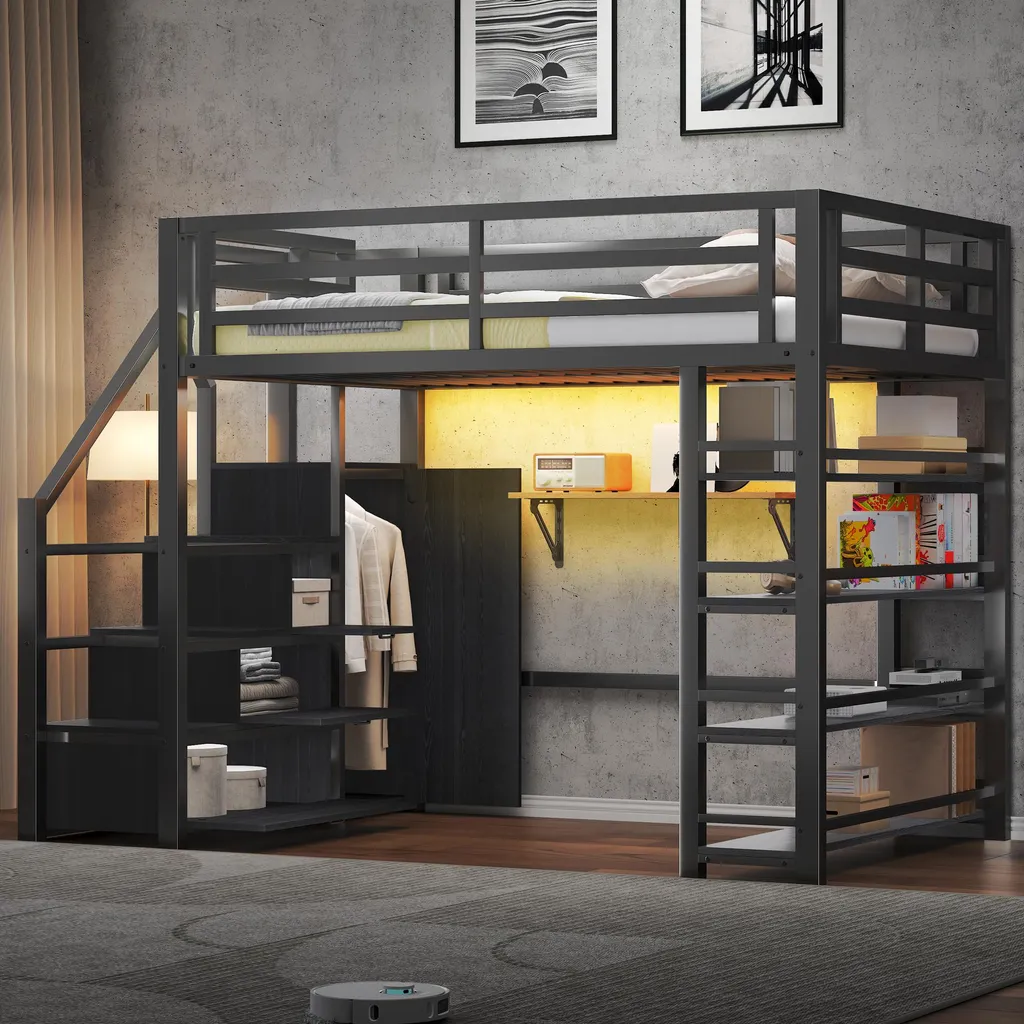 Lit superposé Merax 140x200 cm noir en métal avec armoire et LED