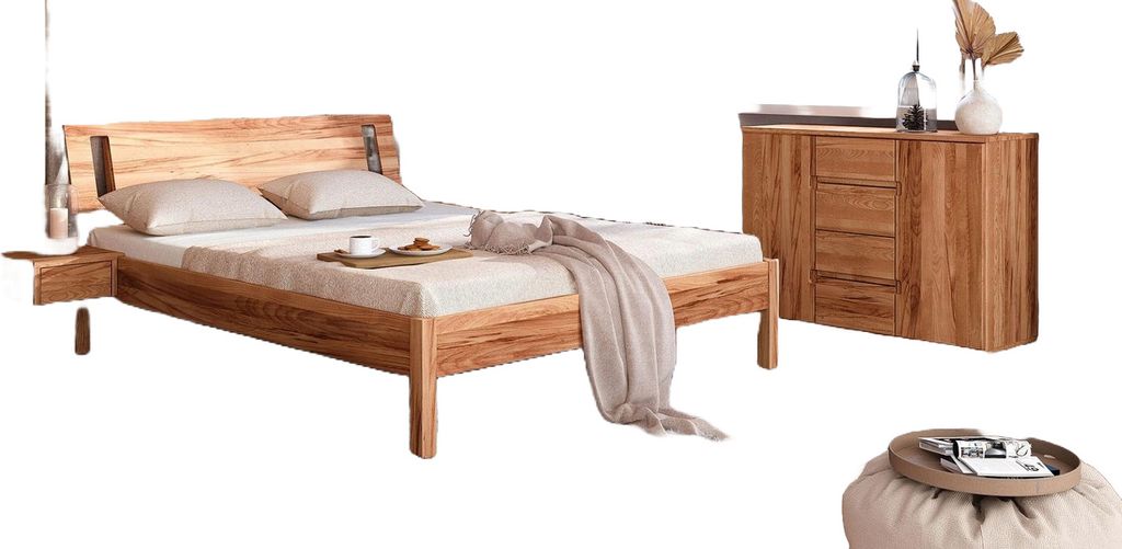 Bett Bento 8 aus Kernbuche massiv 200x200 cm mit Holzkopfteil und Holzbeinen