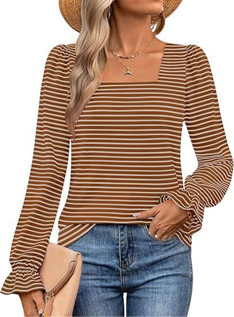 ASKSA Damen Langarm T-Shirt Gestreifte Quadratischer Ausschnitt Puffaermel Herbst Elegant Casual Tunika Oberteile (Braun,M)