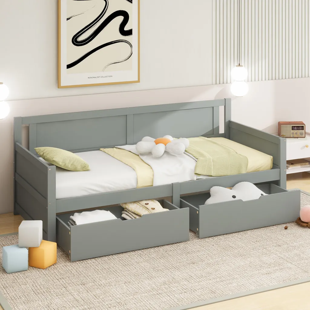 Lit 90x200 Gris avec Tiroirs : Solution Rangement en Bois Massif Robuste - 3
