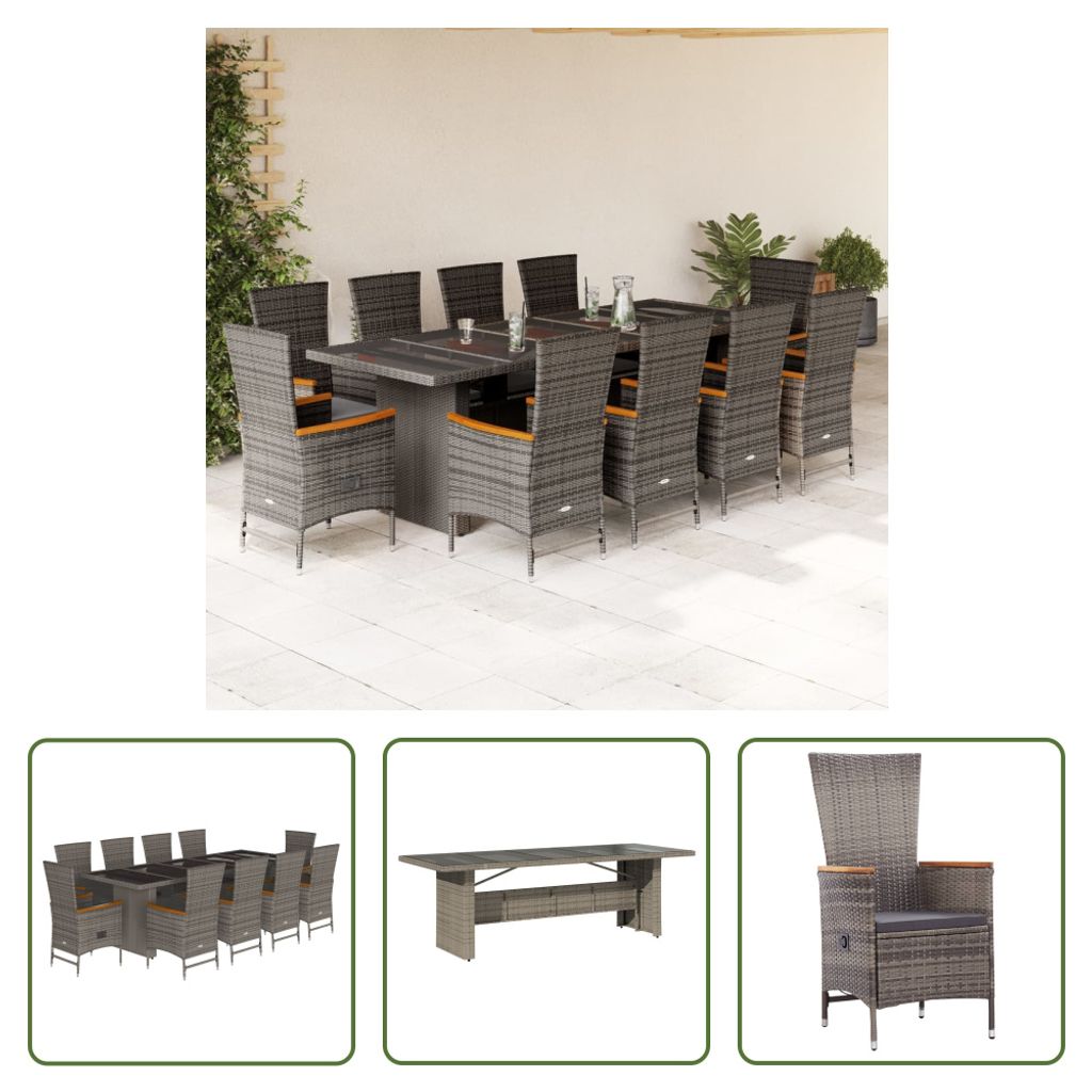 The Living Store 11-tlg. Garten-Essgruppe mit Kissen Grau Poly Rattan