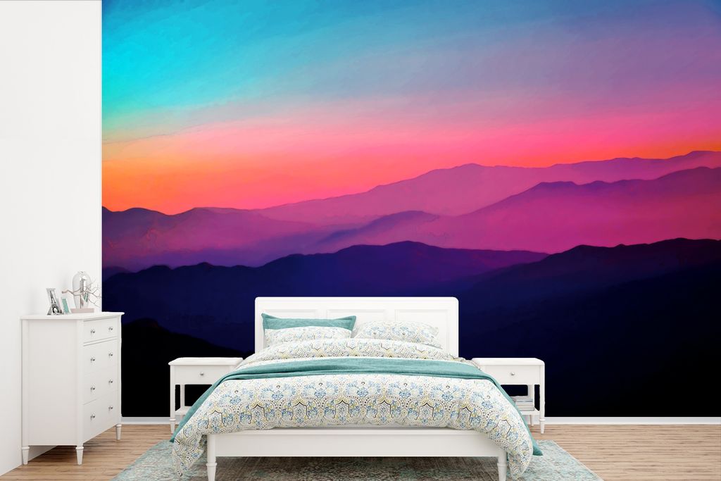 MuchoWow Fototapete für Wohnzimmer oder Schlafzimmer Wandtapete Vinyl Motivtapete Bunter Nebel über den Bergen - 450x300 cm - Gemusterte