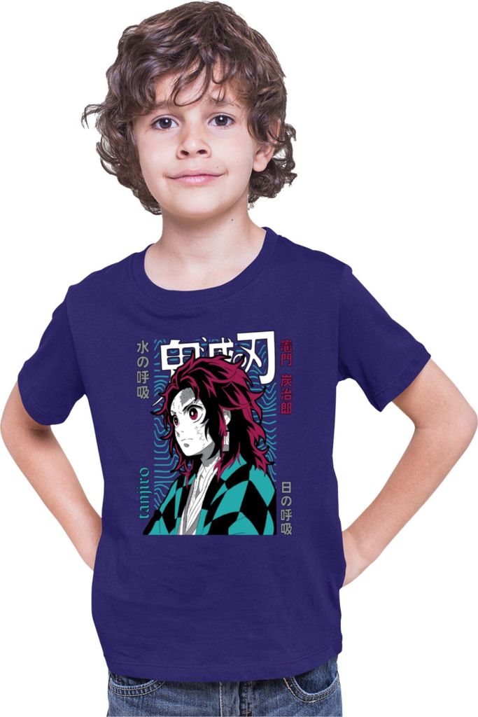 Kinder T-Shirt Demon Anime Slayer Kimetsu No Yaiba Tanjiro Kamado 008, 7-8 Jahr - 128 / Dunkelblau