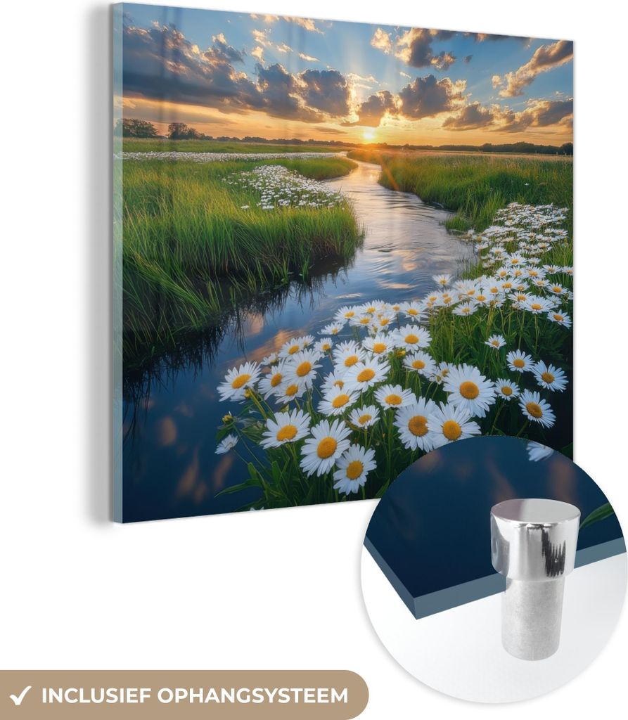 MuchoWow Glasbilder - Bilder auf Wandbild - Foto auf Glas Strom - Landschaft - Gänseblümchen 40x40 cm Wanddekoration aus Glas - Acrylglasbild - A...