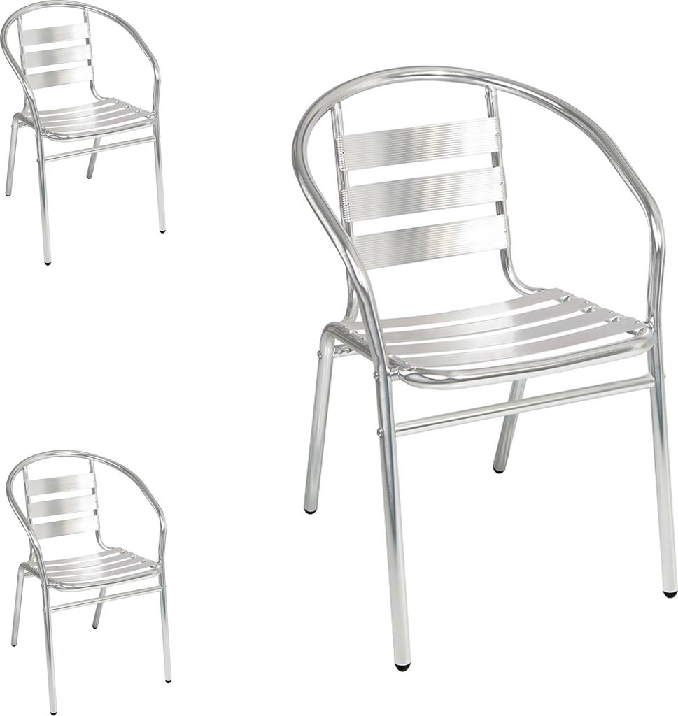 Three aluminum bistro chairs are shown against a white background. Two chairs are on the left side of the image, and one larger chair is on the right.