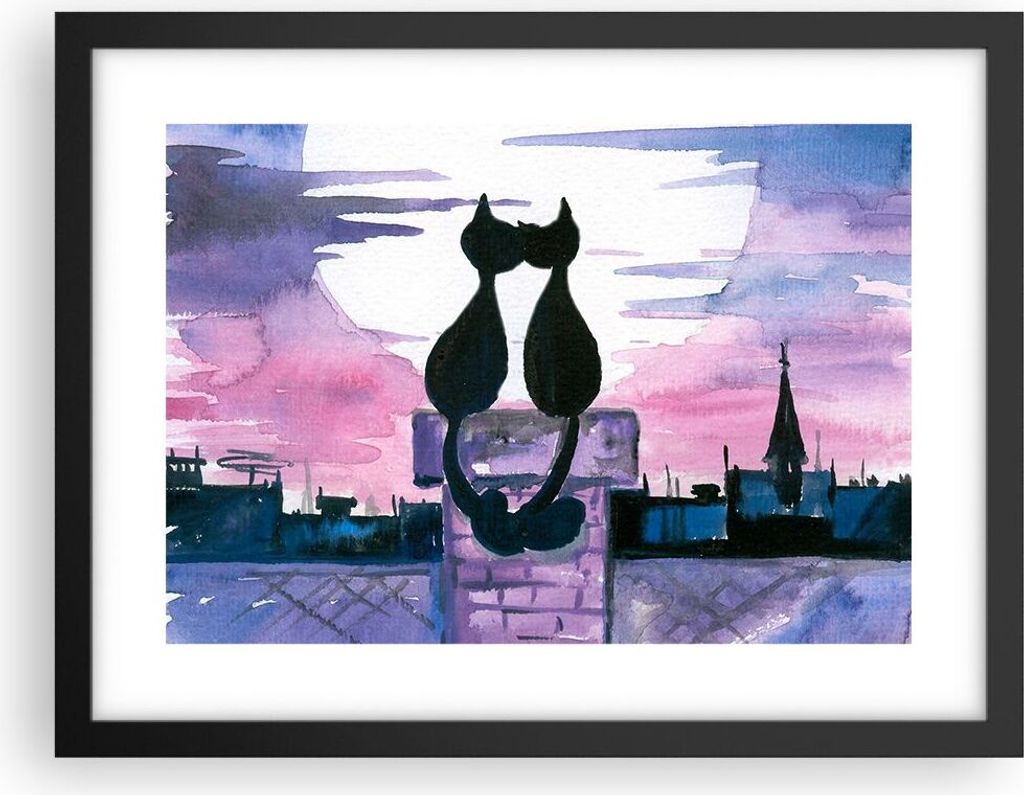 Gerahmtes Poster - Schwarzer Rahmen - Katzen Dach Liebe Tier - 40x30 cm - Wand Bild - Wanddeko - Wandbilder - Kunstposter - Wandposter - Bilderrahm...