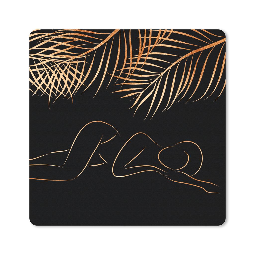 MuchoWow Mauspad Mousepad Frau - Blätter - Linie bei - Schwarz und Gold 20x20 cm - Mousepads - Maus Mat - Pad - Mausunterlage - Desk Mat - Burea...