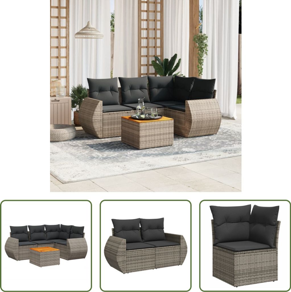 The Living Store 5-tlg. Garten-Sofagarnitur mit Kissen Grau Poly Rattan