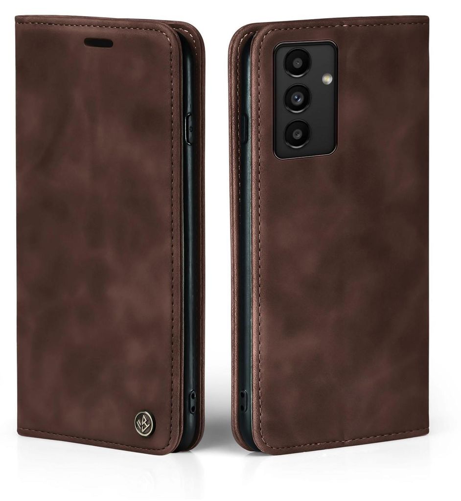 A brown flip case for a Samsung Galaxy A34 5G phone is shown from two angles.