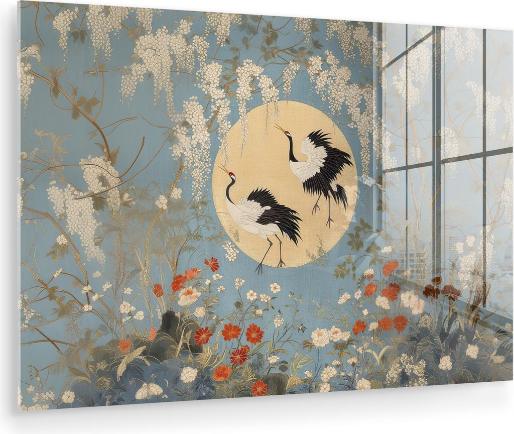 MuchoWow Glasbilder - Bilder auf Wandbild - Foto auf Glas Kraniche - Mond - Blumen - Blau 60x40 cm Wanddekoration aus Glas - Acrylglasbild - Acrylb...