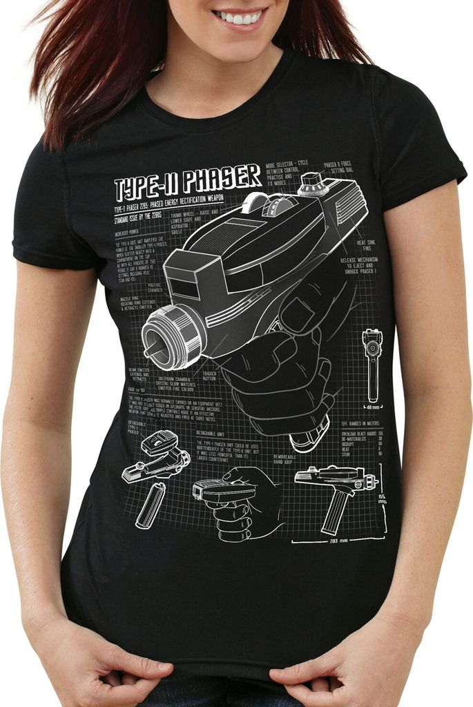 style3 Phaser 2265 Blaupause T-Shirt Damen NCC-1701 trek trekkie star, Farbe:Schwarz, Größe:XL