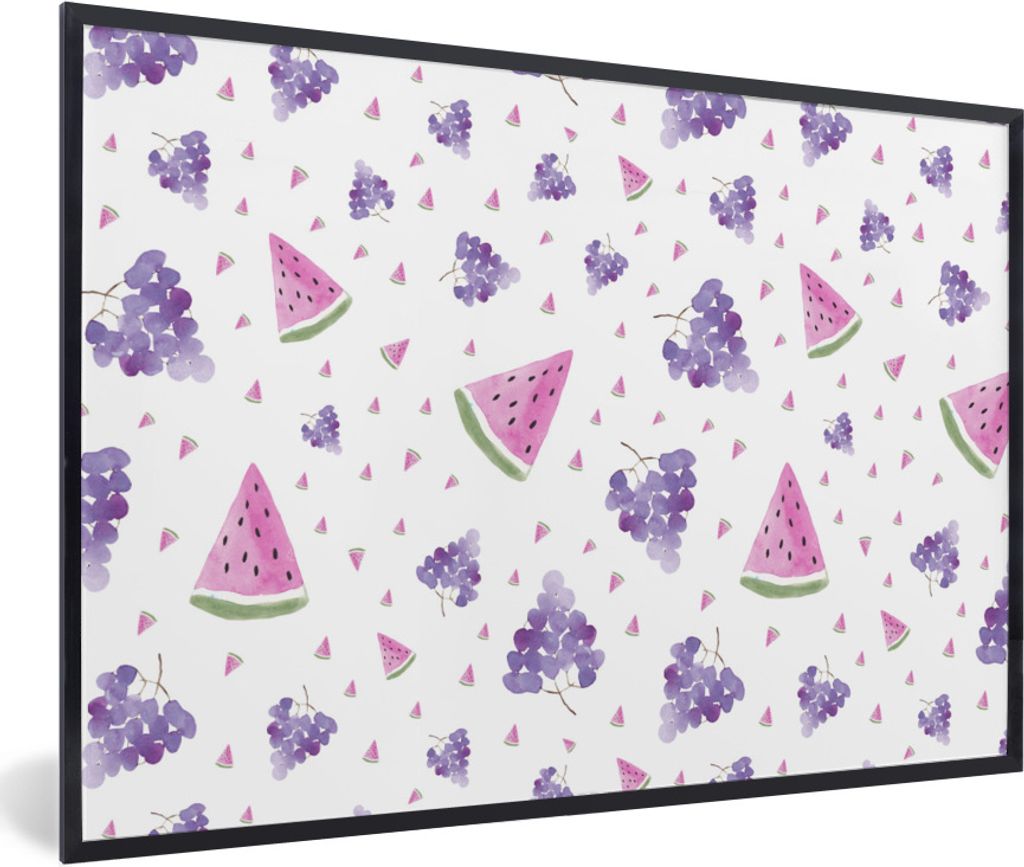 MuchoWow Gerahmtes Poster Weintrauben - Wassermelone - Pastell 60x40 cm - Poster mit Schwarzem Bilderrahmen Wandposter Rahmen Foto Bilder - Print...
