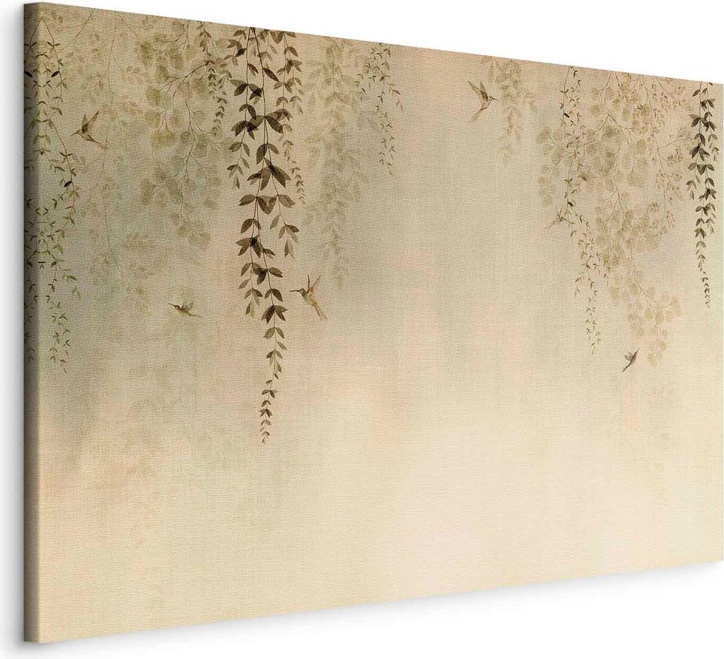 Italienischer Leinwand Leinwandbild - Spring Orchard - Hummingbirds Among Tree Branches in Beige Shades 30x20 cm Für Kinder e-C-10068-b-a