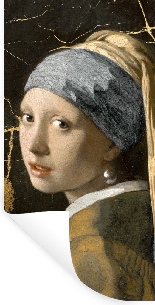 MuchoWow Wandtattoo Wandsticker Wandaufkleber Mädchen mit einem Perlenohrring - Marmor - Gold 40x80 cm Selbstklebend und Repositionierbar - Repo...