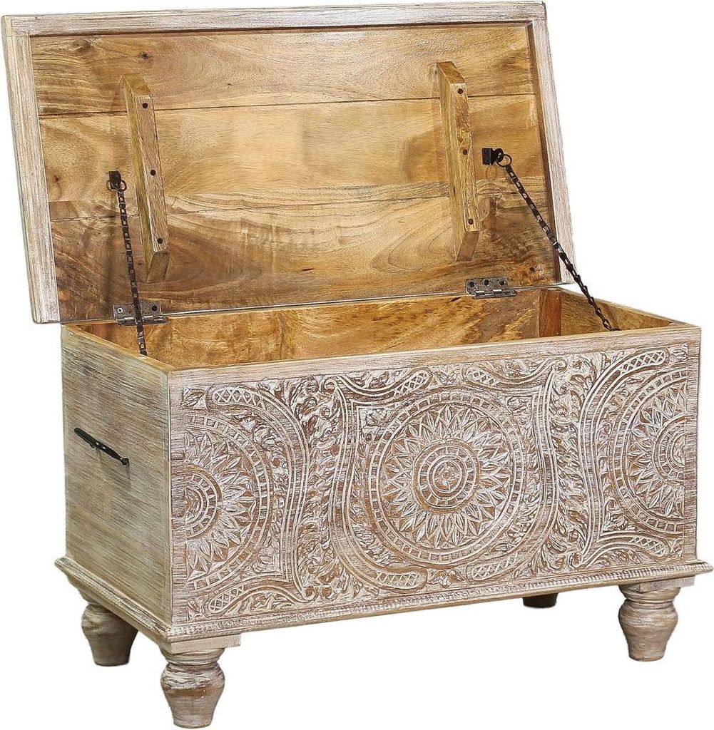 Shabby Chic Holztruhe Indische Truhe mit aufwendiger Schnitzerei Couchtisch braun weiß 80cm