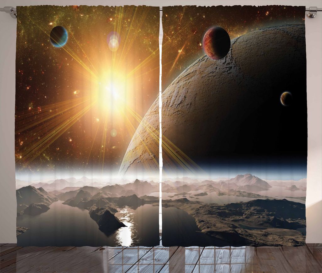 ABAKUHAUS Galaxis Rustikaler Vorhang, Mond-Universum-Erde, Wohnzimmer Universalband Gardinen mit Schlaufen und Haken, 280 x 175 cm, Gelb Weiß Braun