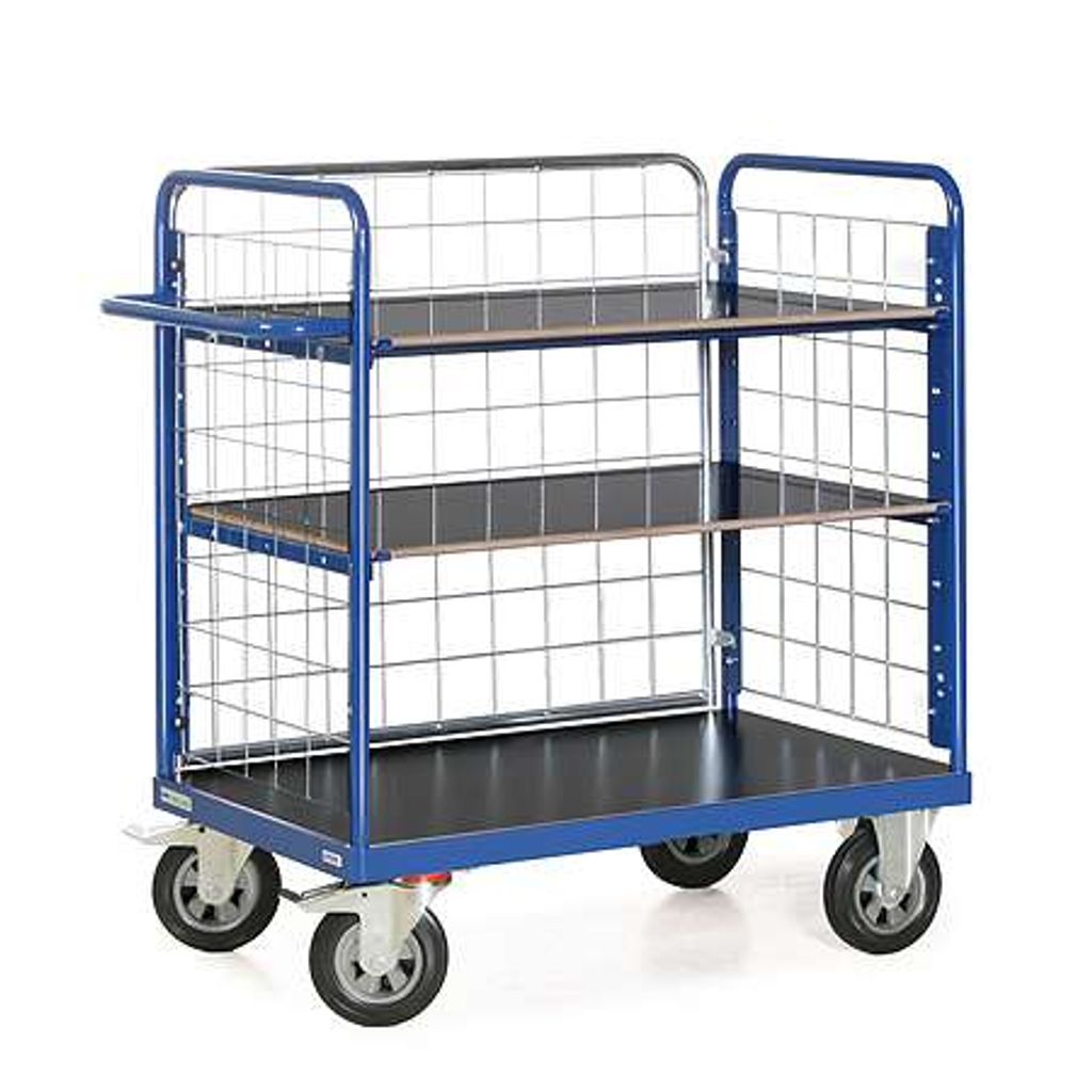 Protaurus Etagenwagen F600 mit 3 Ladeflächen und 3 Gitterwänden 1200mm hoch 1000x600mm