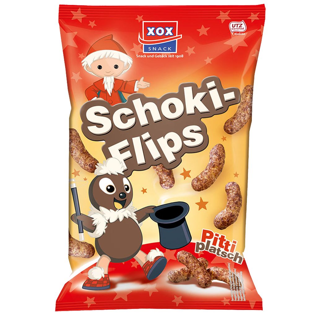 XOX Schoki Flips Sandmaennchen suesser knuspriger Maissnack mit Kakao 125g