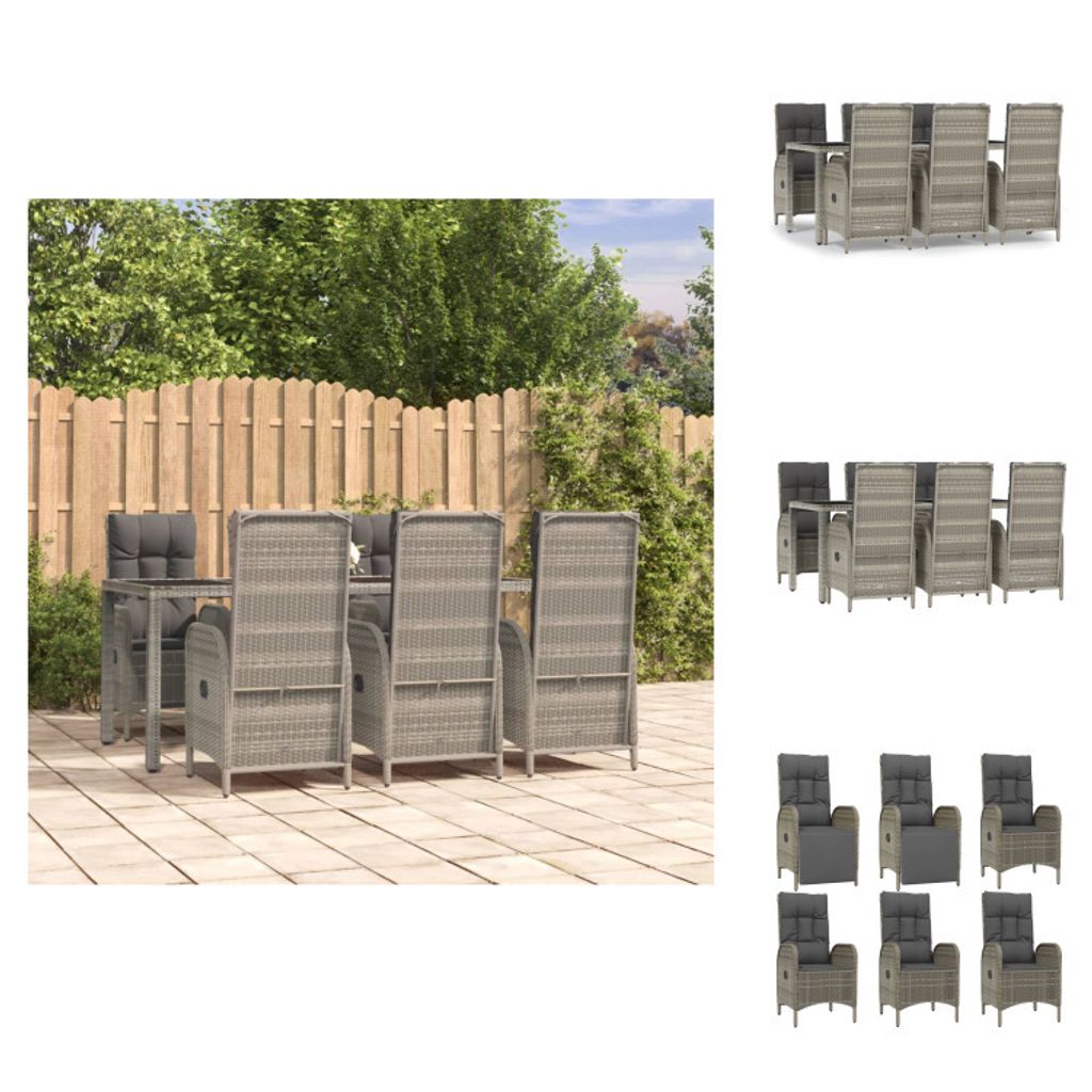 vidaXL 7-tlg. Garten-Essgruppe mit Kissen Grau Poly Rattan - Gartenmöbel-Sets