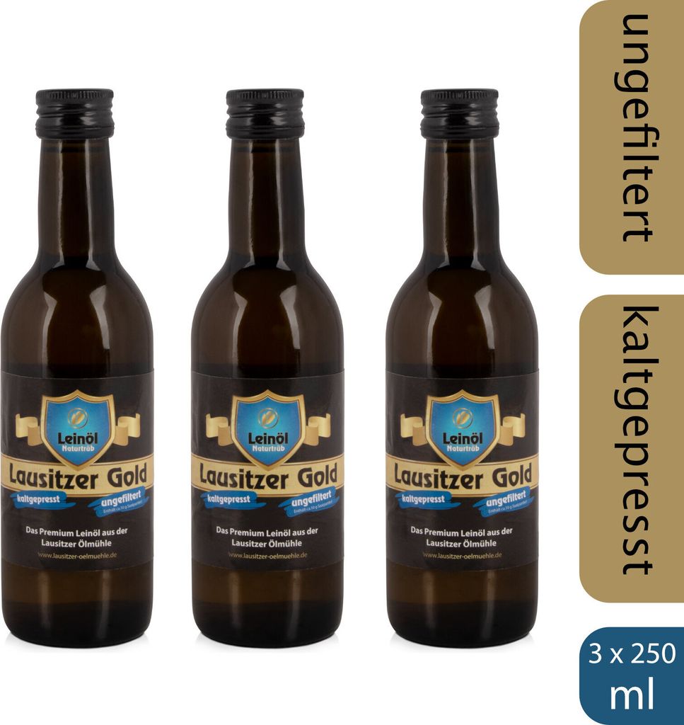 3 x Lausitzer Leinöl - Lausitzer Gold (kaltgepresstes ungefiltertes Premium Leinöl), 3x 250ml