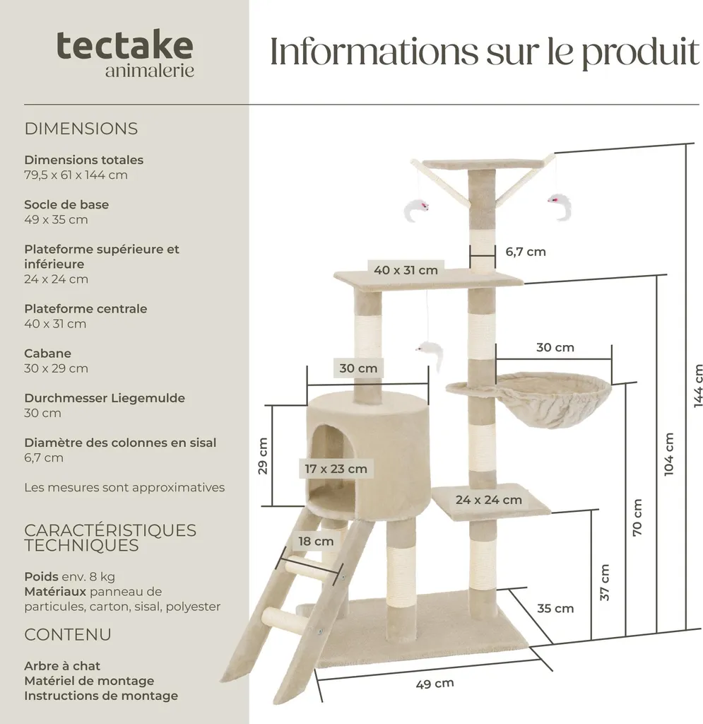 Arbre à chat DOMINIQUE 142 cm beige - Structure stable multi-niveaux - 6