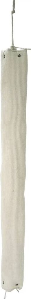A tall, beige-colored cat scratching post made of sisal material, suspended by a thin wire from the top.