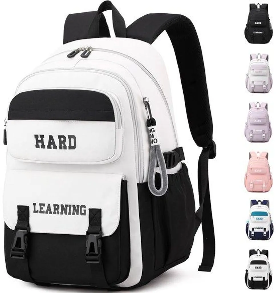 Sac à dos scolaire fille imperméable blanc et noir avec grand volume