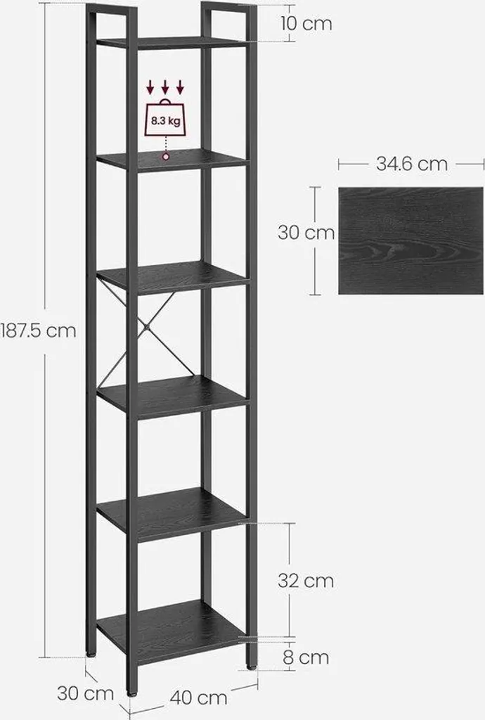 Grande bibliothèque noire 6 compartiments design slim 30x40x187 cm