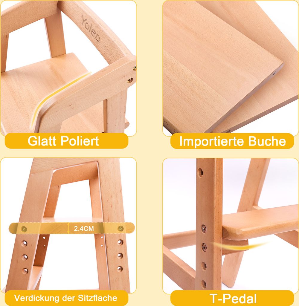 YOLEO Babystuhl, höhenverstellbarer Holzhochstuhl für Produktbild 4