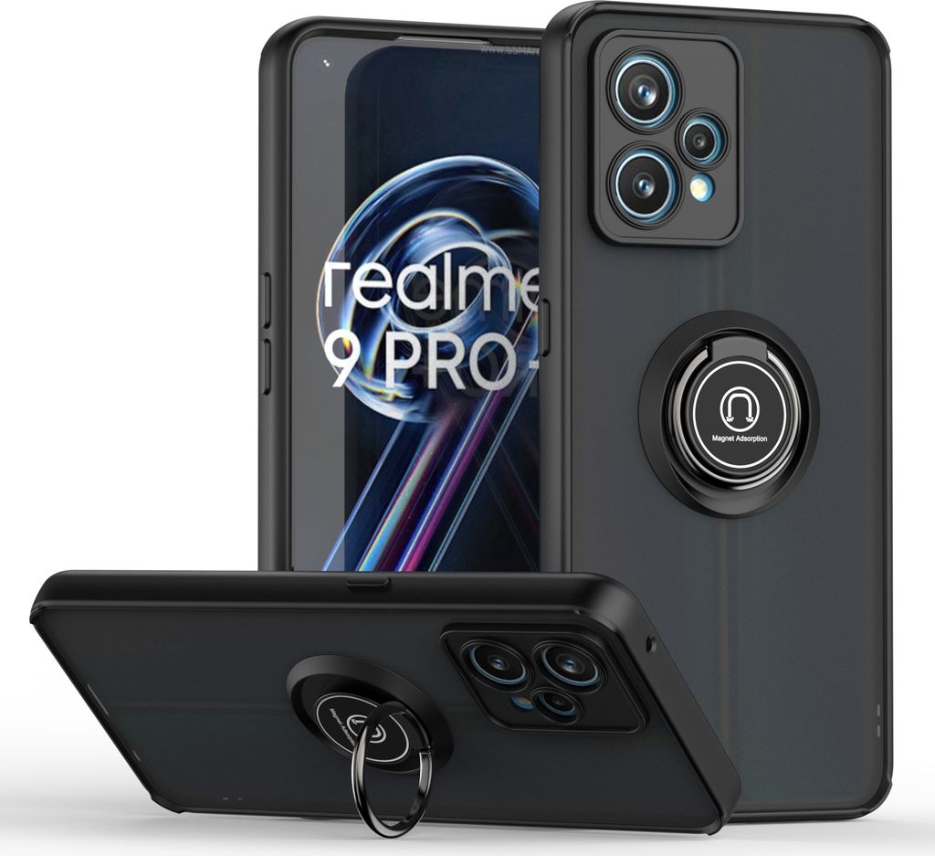 OPPO Realme 9 Pro Hülle, Ring Halter Ständer Matte Transluzent TPU Rahmen Stoßfest Schutzhülle für OPPO Realme 9 Pro Schwarz