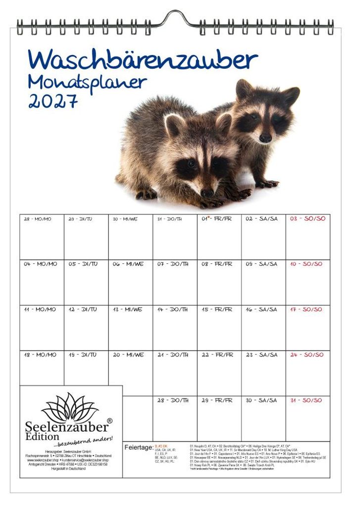 Waschbärenzauber Planer DIN A4 Kalender für 2027 Waschbären - Geschenkset Inhalt: 1x Kalender, 1x Weihnachtsanhänger (insgesamt 2 Teile)