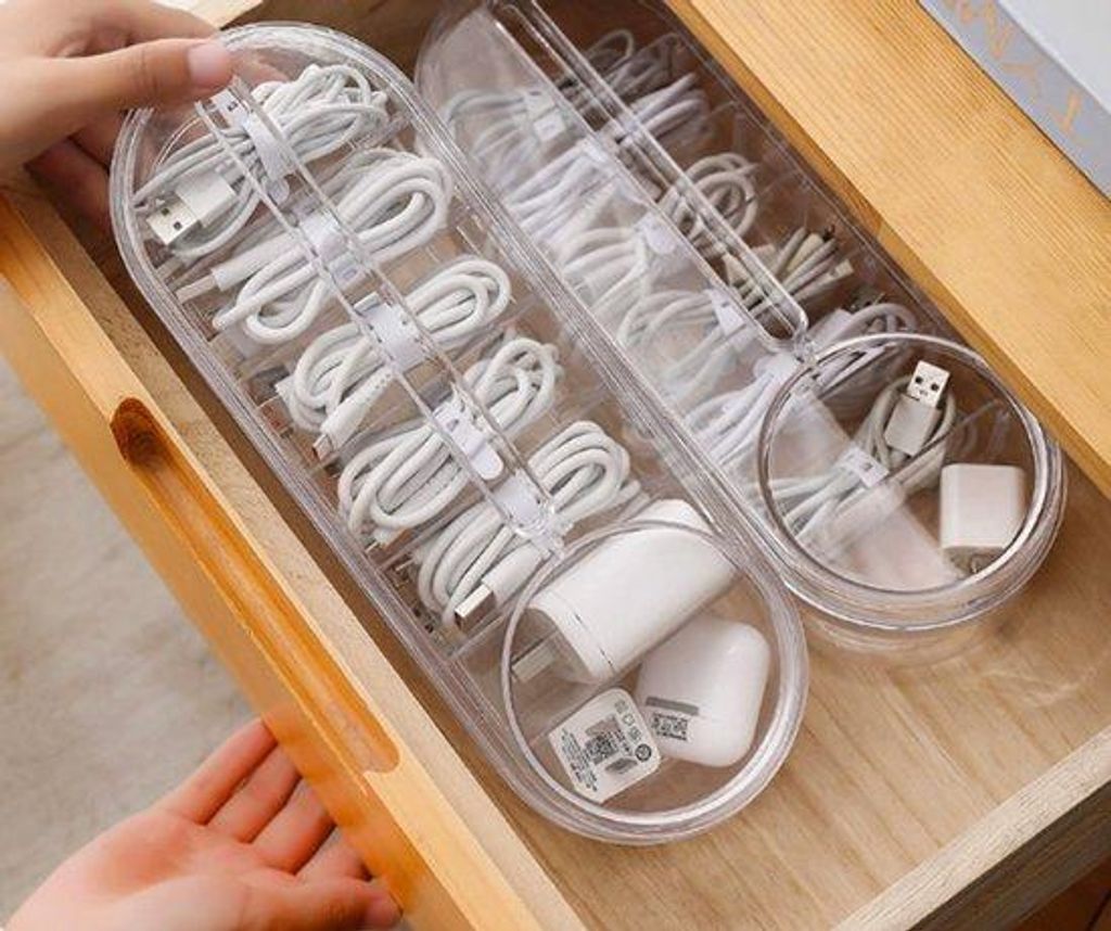 Kabel-Organisationsbox 2er Set mit Deckel - 7-Kompartiment-Storage-Beutel, anpassbare Schreibtisch-Organisator für Ladegeräte, Bürobedarf, Make-...